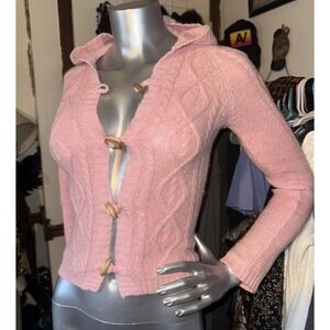 Aeropostale Y2K Limited Edition Small RabbitHair Pink Cable Knit Hoodie Cardigan